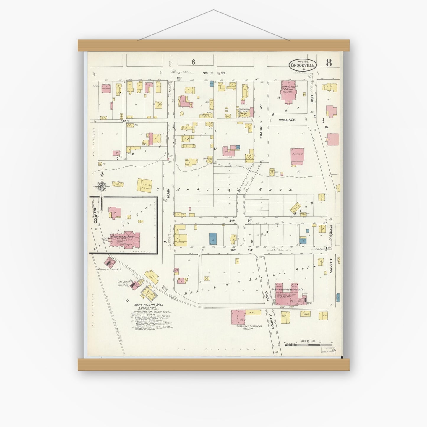 Old map wall art mockup — magnetic wood frame on white wall — Sanborn Fire Insurance Map from Brookville, Franklin County, Indiana (1913), Sheet #0008