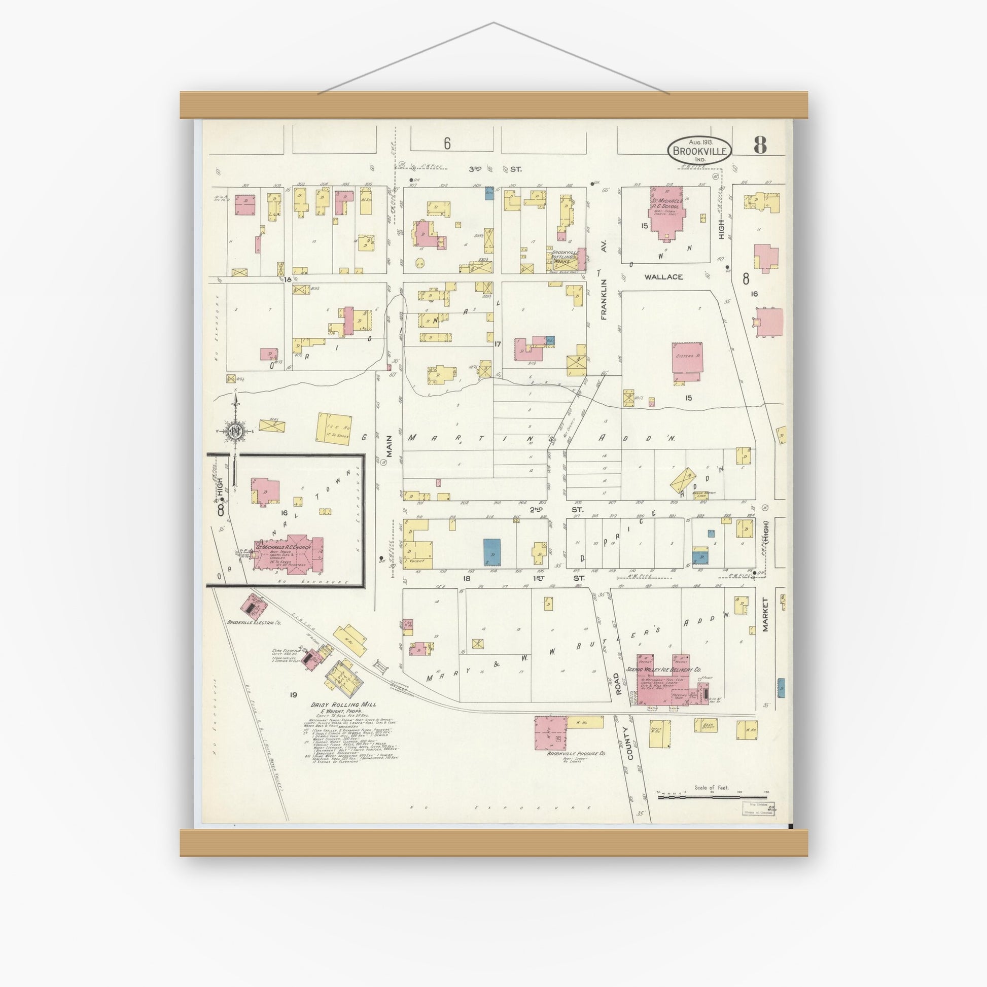Old map wall art mockup — magnetic wood frame on white wall — Sanborn Fire Insurance Map from Brookville, Franklin County, Indiana (1913), Sheet #0008