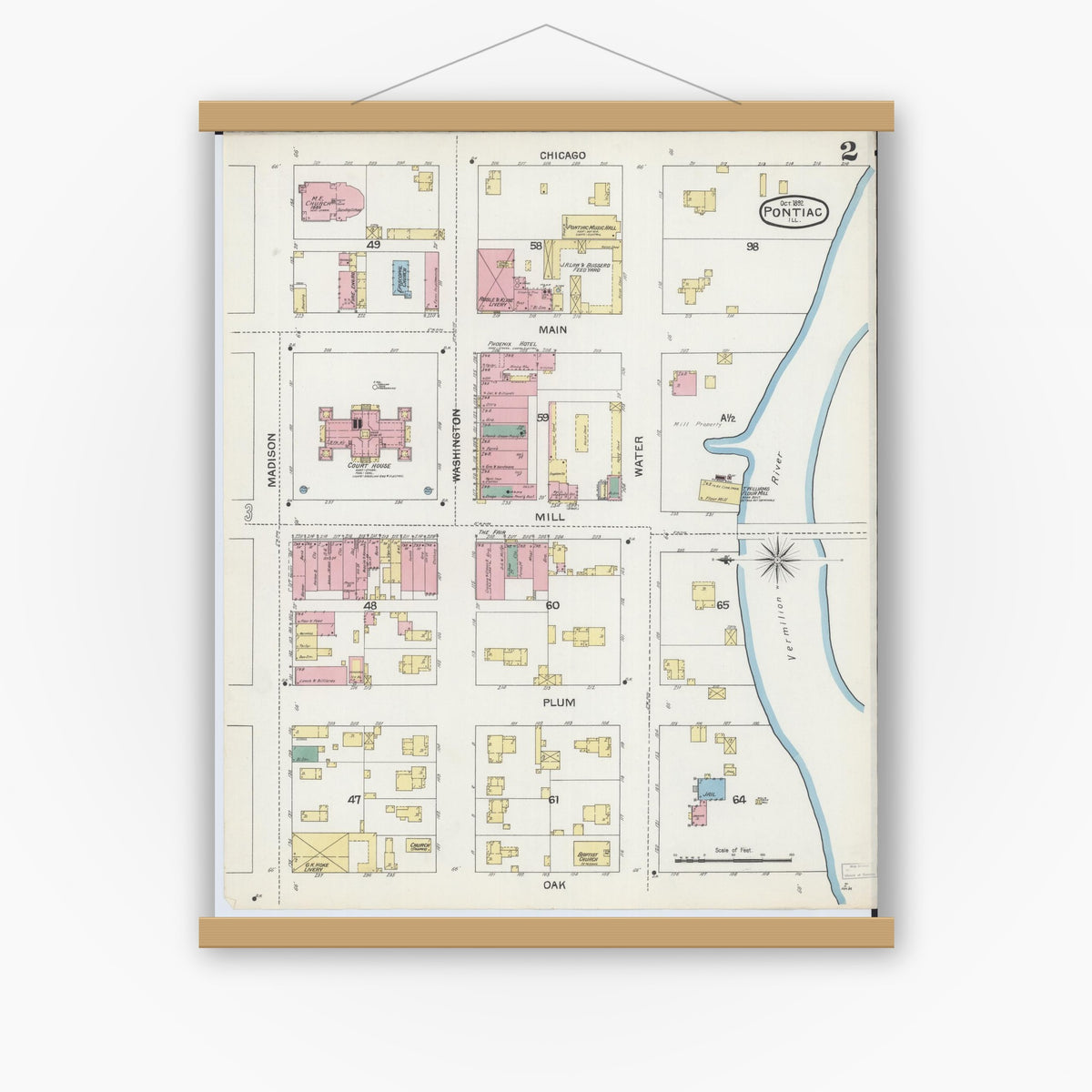 Old map wall art mockup — magnetic wood frame on white wall — Sanborn Fire Insurance Map from Pontiac, Livingston County, Illinois (1892), Sheet #0002