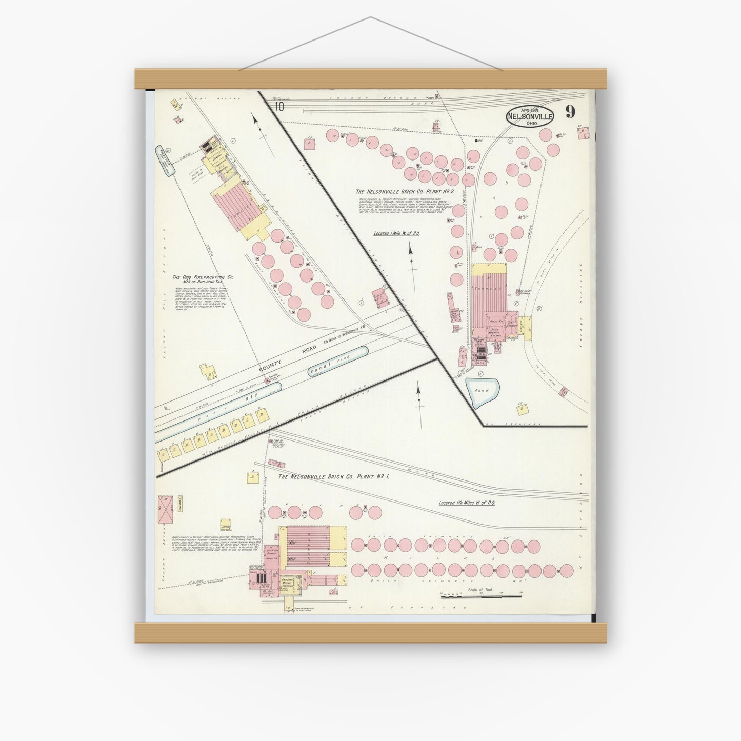 Old map wall art mockup — magnetic wood frame on white wall — Sanborn Fire Insurance Map from Nelsonville, Athens County, Ohio (1914), Sheet #0009