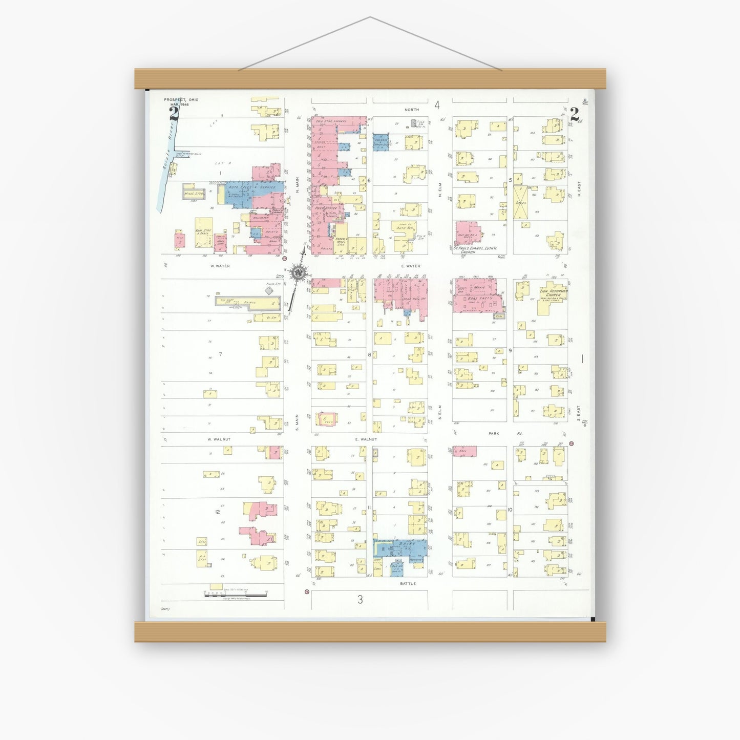 Old map wall art mockup — magnetic wood frame on white wall — Sanborn Fire Insurance Map from Prospect, Marion County, Ohio (1946), Sheet #0002