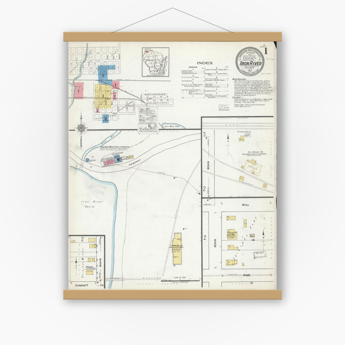 Old map wall art mockup — magnetic wood frame on white wall — Sanborn Fire Insurance Map from Iron River, Bayfield County, Wisconsin (1917), Sheet #0001