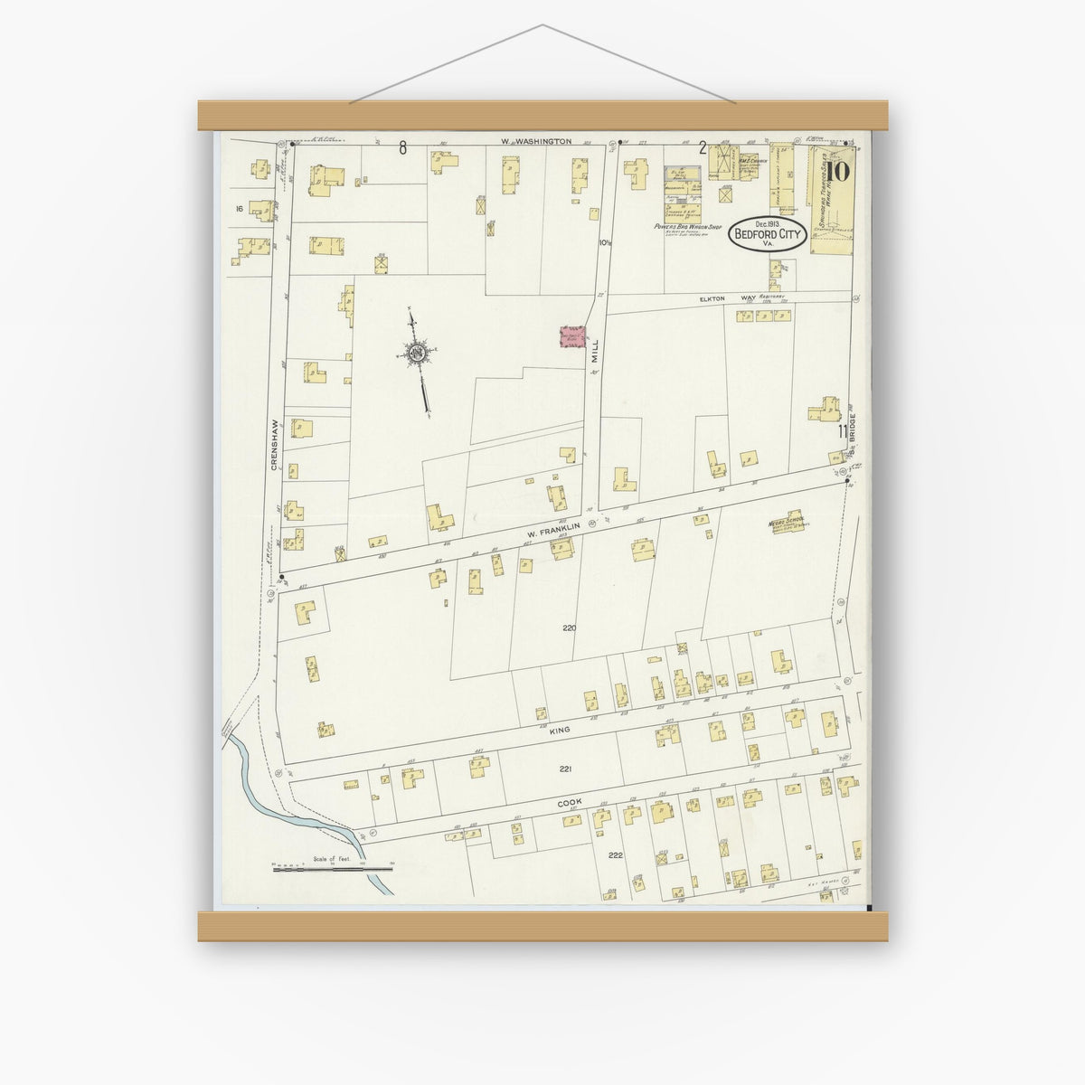 Old map wall art mockup — magnetic wood frame on white wall — Sanborn Fire Insurance Map from Bedford, Independent Cities, Virginia (1913), Sheet #0010