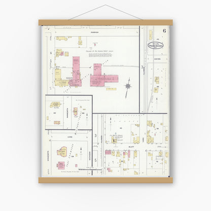 Old map wall art mockup — magnetic wood frame on white wall — Sanborn Fire Insurance Map from Prairie du Chien, Crawford County, Wisconsin (1912), Sheet #0006