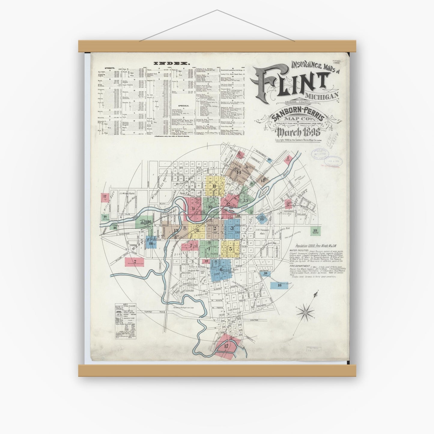 Old map wall art mockup — magnetic wood frame on white wall — Sanborn Fire Insurance Map from Flint, Genesee County, Michigan (1898) - Complete Map Set