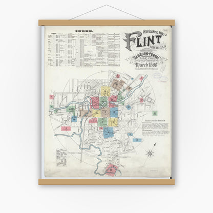 Old map wall art mockup — magnetic wood frame on white wall — Sanborn Fire Insurance Map from Flint, Genesee County, Michigan (1898) - Complete Map Set