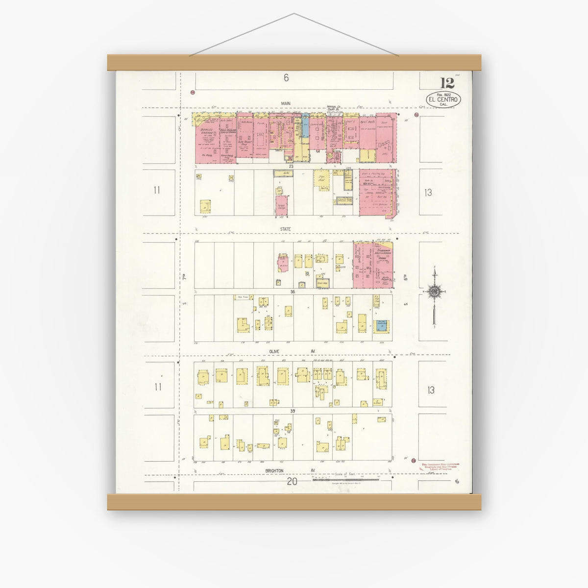 Old map wall art mockup — magnetic wood frame on white wall — Sanborn Fire Insurance Map from El Centro, Imperial County, California (1922), Sheet #0012