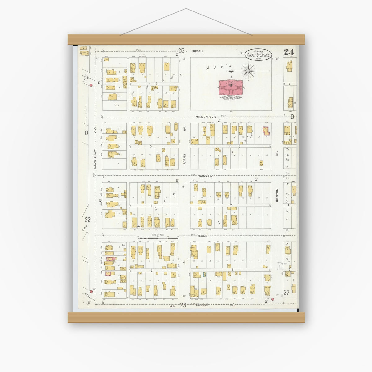 Old map wall art mockup — magnetic wood frame on white wall — Sanborn Fire Insurance Map from Sault Sainte Marie, Chippewa County, Michigan (1906), Sheet #0024
