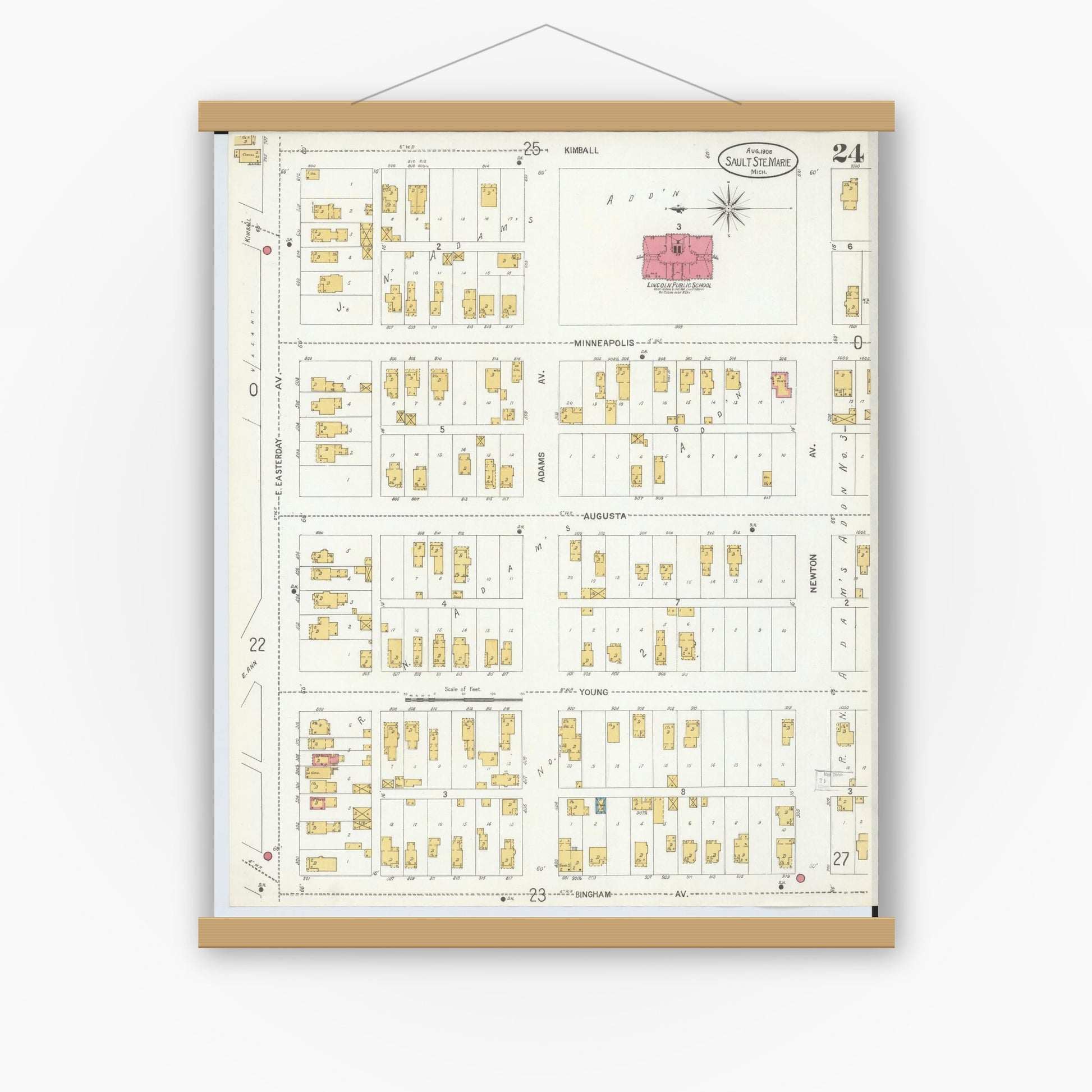 Old map wall art mockup — magnetic wood frame on white wall — Sanborn Fire Insurance Map from Sault Sainte Marie, Chippewa County, Michigan (1906), Sheet #0024