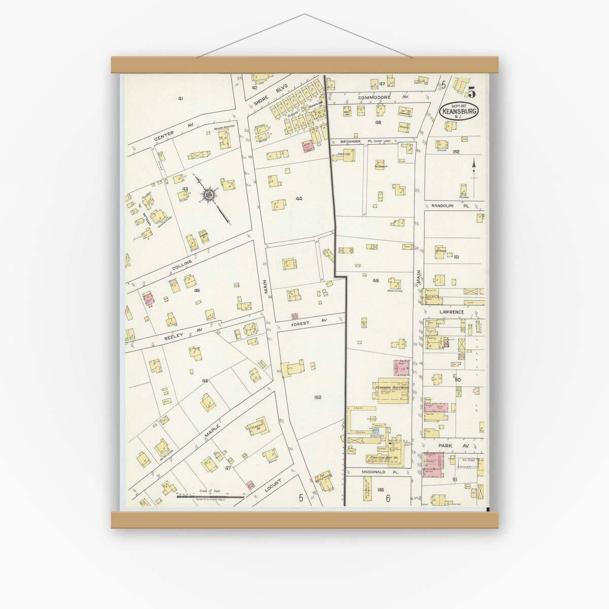Old map wall art mockup — magnetic wood frame on white wall — Sanborn Fire Insurance Map from Keansburg, Monmouth County, New Jersey (1917), Sheet #0005