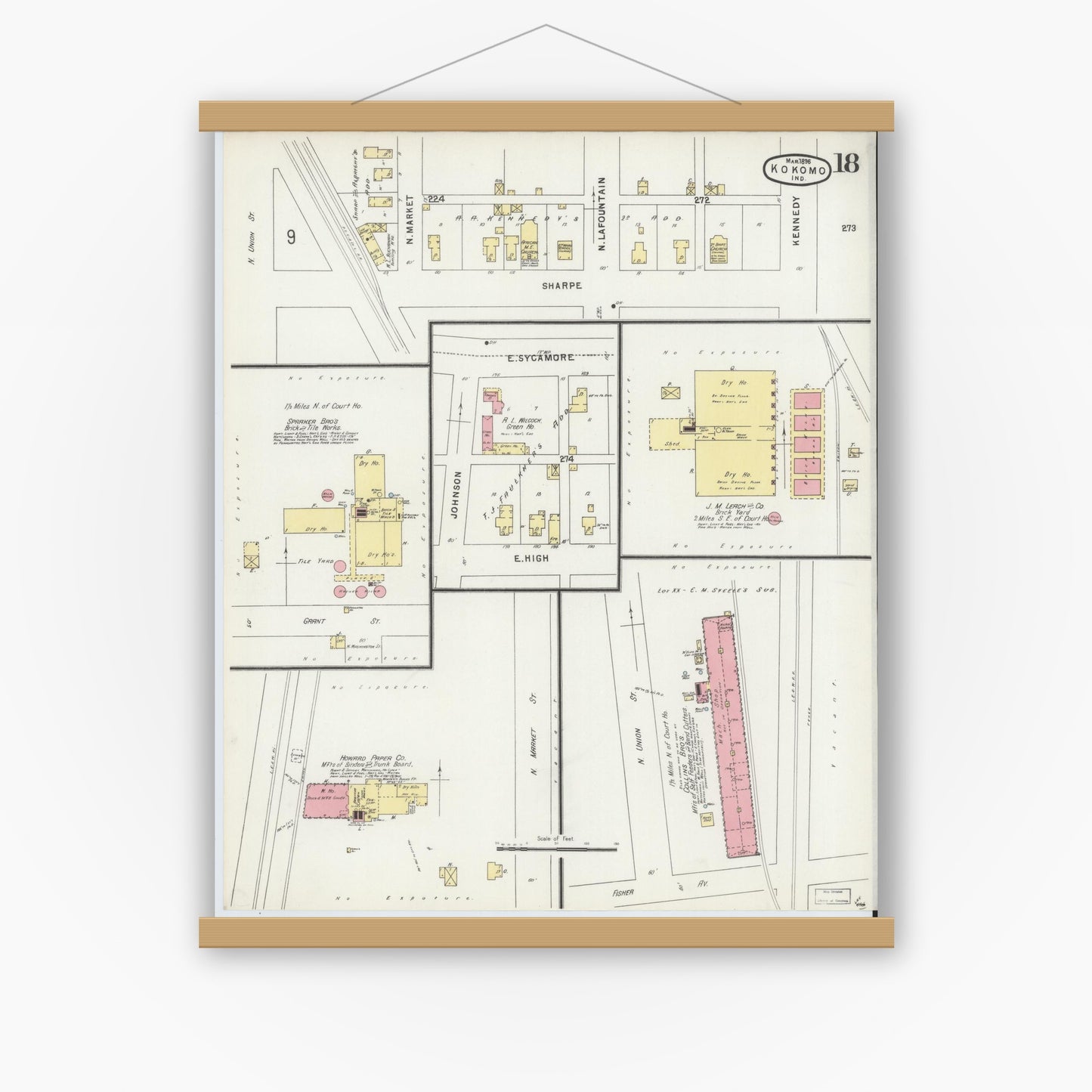 Old map wall art mockup — magnetic wood frame on white wall — Sanborn Fire Insurance Map from Kokomo, Howard County, Indiana (1896), Sheet #0018