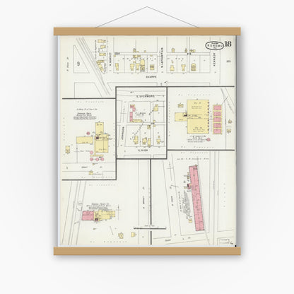 Old map wall art mockup — magnetic wood frame on white wall — Sanborn Fire Insurance Map from Kokomo, Howard County, Indiana (1896), Sheet #0018