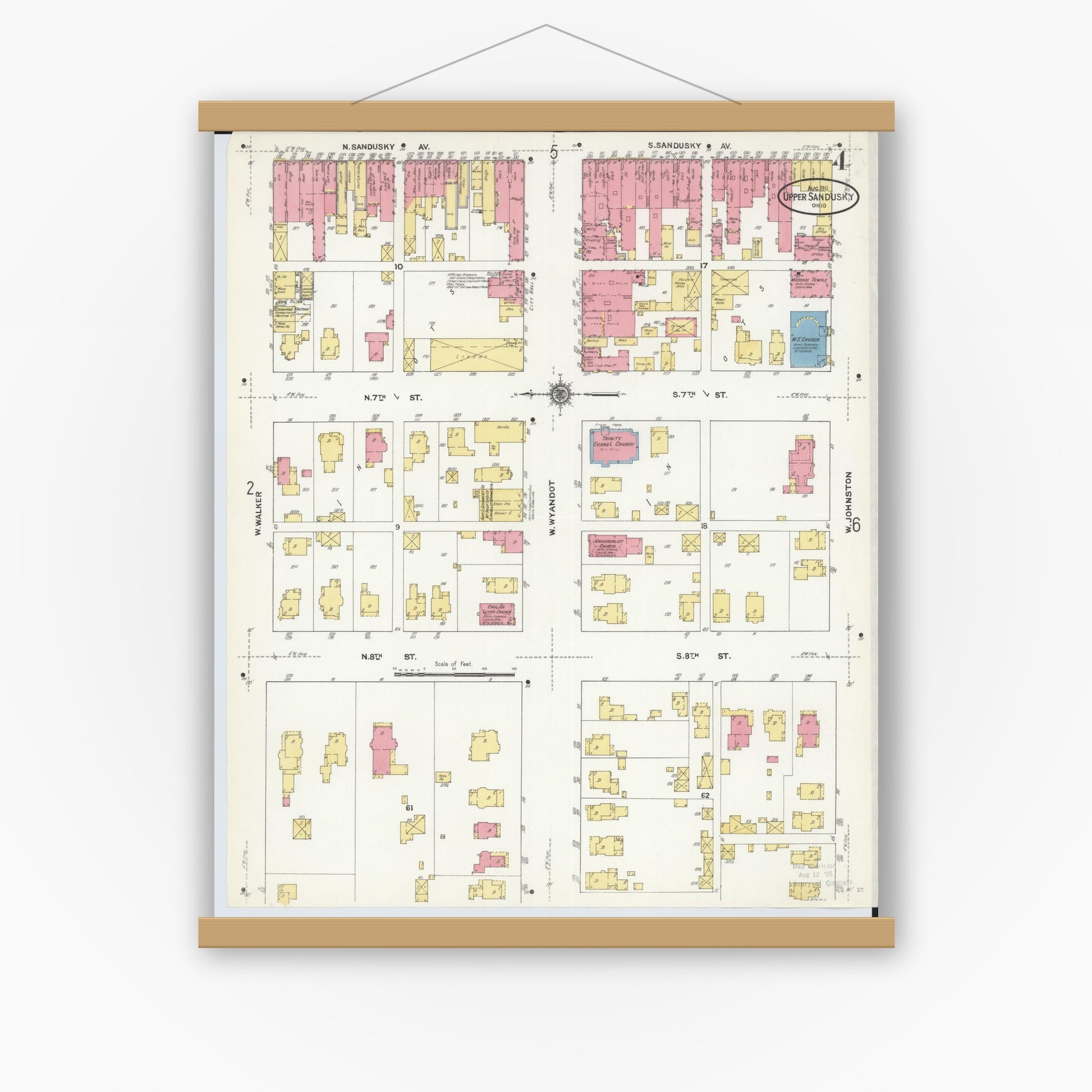 Old map wall art mockup — magnetic wood frame on white wall — Sanborn Fire Insurance Map from Upper Sandusky, Wyandot County, Ohio (1911), Sheet #0004