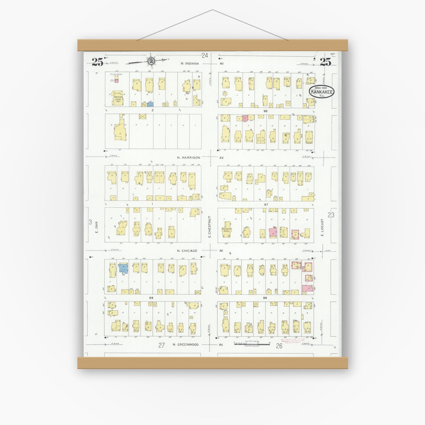Old map wall art mockup — magnetic wood frame on white wall — Sanborn Fire Insurance Map from Kankakee, Kankakee County, Illinois (1930), Sheet #0025