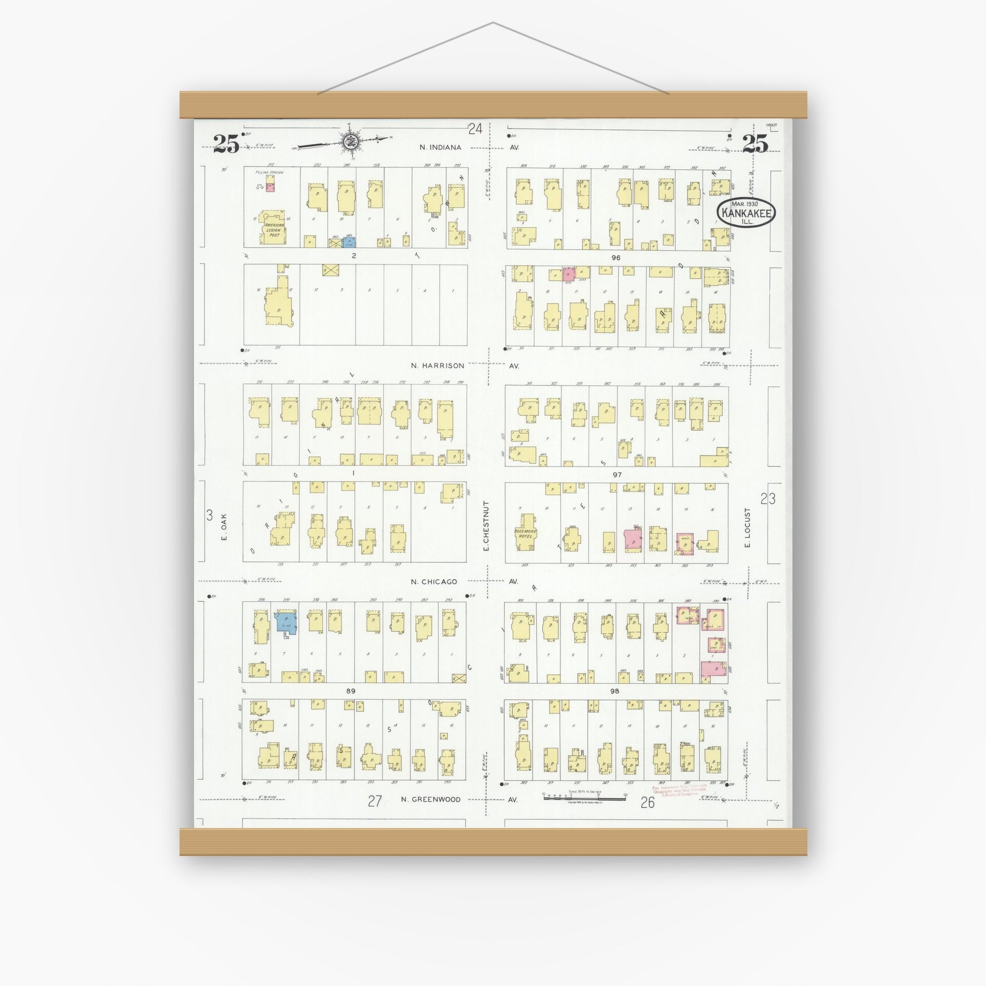 Old map wall art mockup — magnetic wood frame on white wall — Sanborn Fire Insurance Map from Kankakee, Kankakee County, Illinois (1930), Sheet #0025