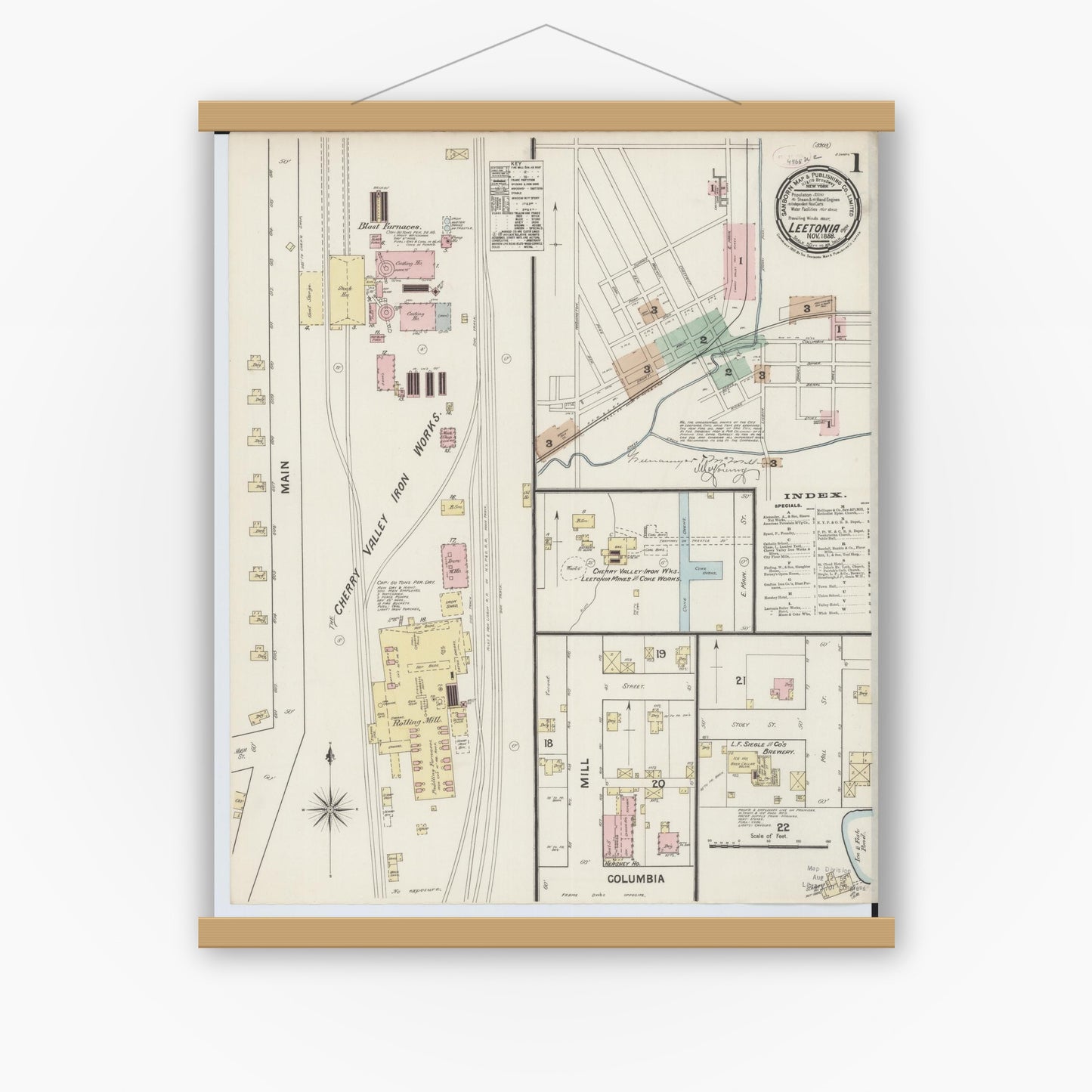Old map wall art mockup — magnetic wood frame on white wall — Sanborn Fire Insurance Map from Leetonia, Columbiana County, Ohio (1888), Sheet #0001