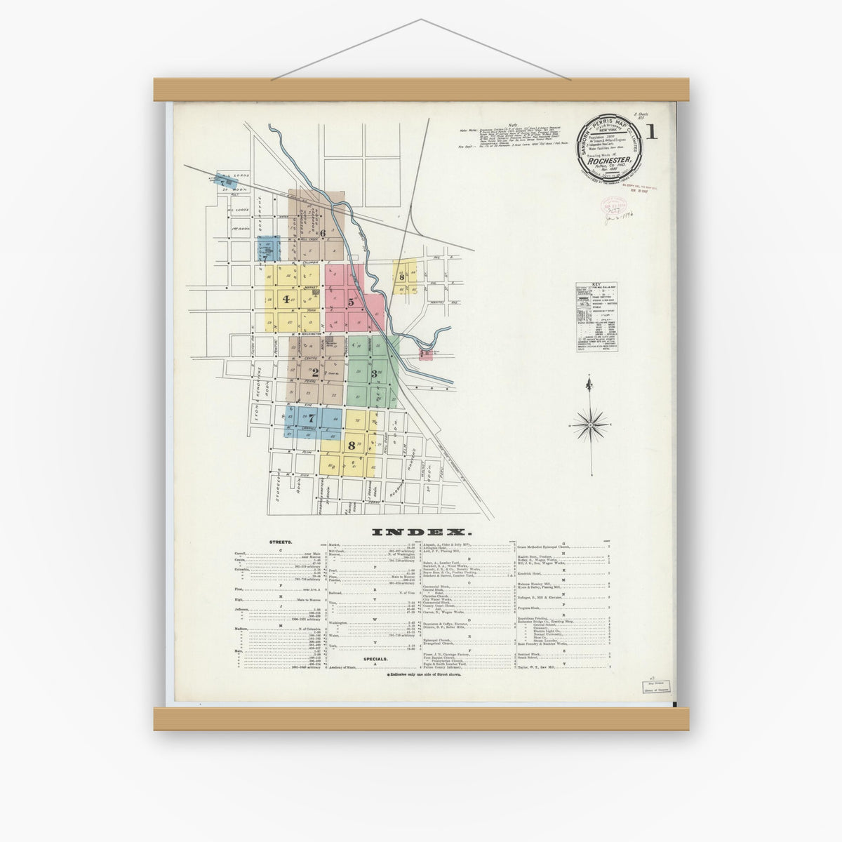 Old map wall art mockup — magnetic wood frame on white wall — Sanborn Fire Insurance Map from Rochester, Fulton County, Indiana (1895) - Complete Map Set