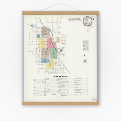 Old map wall art mockup — magnetic wood frame on white wall — Sanborn Fire Insurance Map from Rochester, Fulton County, Indiana (1895) - Complete Map Set