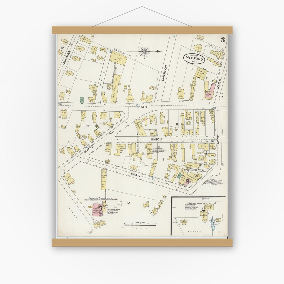 Old map wall art mockup — magnetic wood frame on white wall — Sanborn Fire Insurance Map from Medford, Middlesex County, Massachusetts (1887), Sheet #0003
