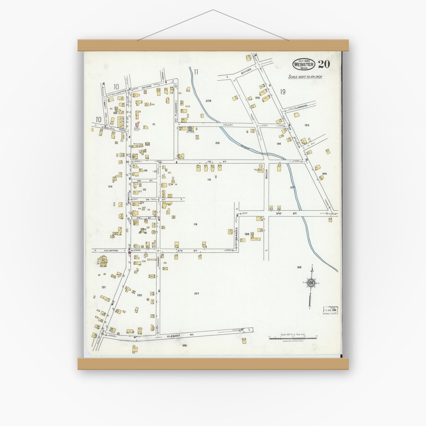 Old map wall art mockup — magnetic wood frame on white wall — Sanborn Fire Insurance Map from Webster, Worcester County, Massachusetts (1920), Sheet #0020