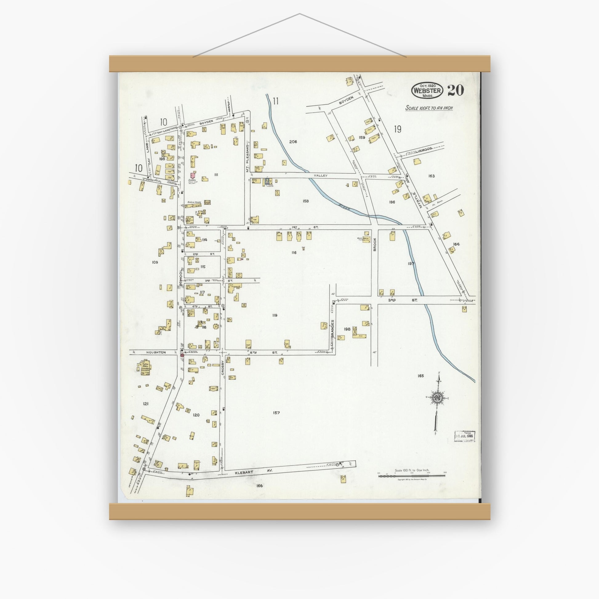 Old map wall art mockup — magnetic wood frame on white wall — Sanborn Fire Insurance Map from Webster, Worcester County, Massachusetts (1920), Sheet #0020