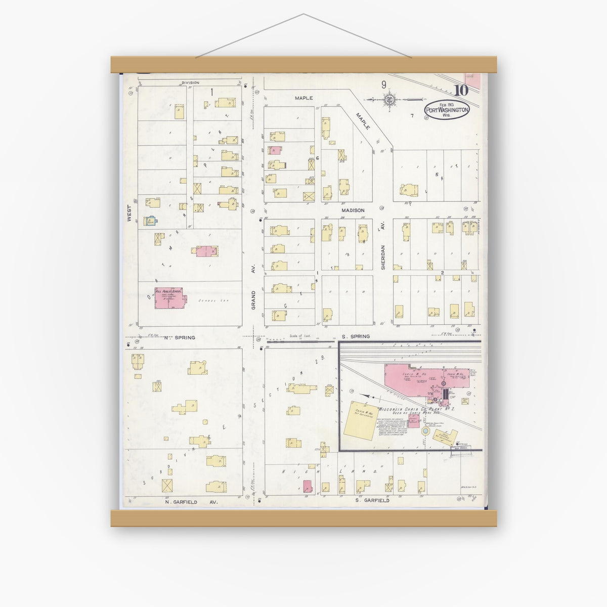 Old map wall art mockup — magnetic wood frame on white wall — Sanborn Fire Insurance Map from Port Washington, Ozaukee County, Wisconsin (1913), Sheet #0010
