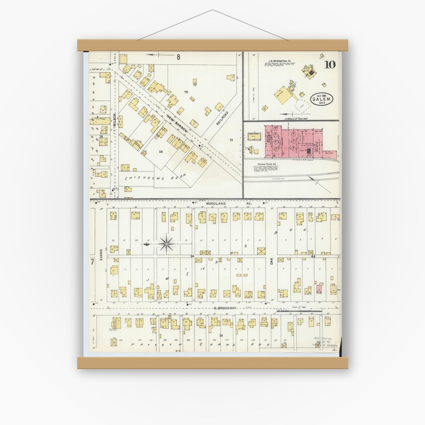 Old map wall art mockup — magnetic wood frame on white wall — Sanborn Fire Insurance Map from Salem, Columbiana County, Ohio (1903), Sheet #0010