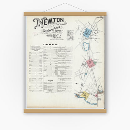 Old map wall art mockup — magnetic wood frame on white wall — Sanborn Fire Insurance Map from Newton, Middlesex County, Massachusetts (1892) - Complete Map Set