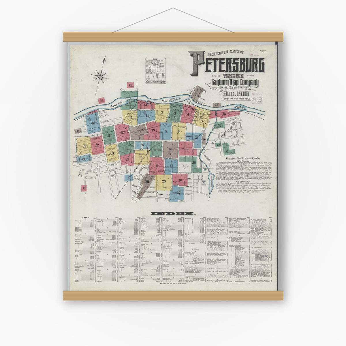 Old map wall art mockup — magnetic wood frame on white wall — Sanborn Fire Insurance Map from Petersburg, Independent Cities, Virginia (1908) - Complete Map Set