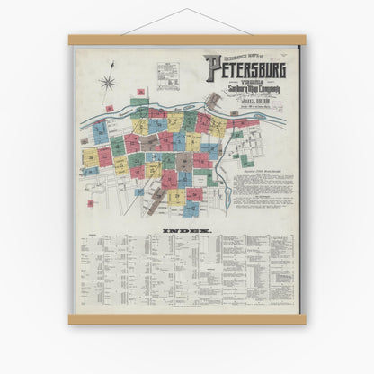 Old map wall art mockup — magnetic wood frame on white wall — Sanborn Fire Insurance Map from Petersburg, Independent Cities, Virginia (1908) - Complete Map Set