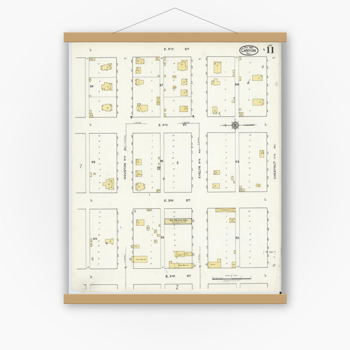 Old map wall art mockup — magnetic wood frame on white wall — Sanborn Fire Insurance Map from Canyon, Randall County, Texas (1920), Sheet #0011