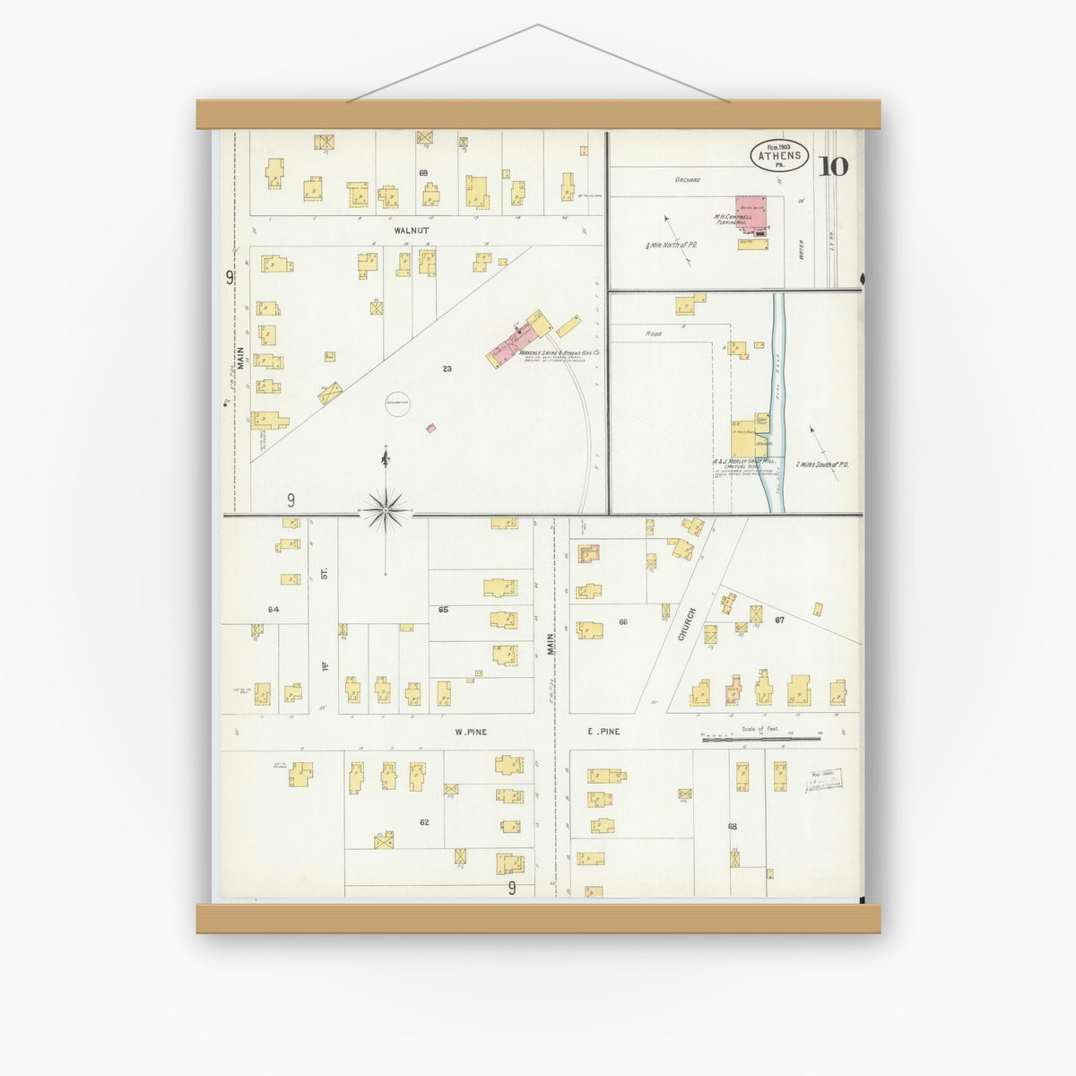 Old map wall art mockup — magnetic wood frame on white wall — Sanborn Fire Insurance Map from Athens, Bradford County, Pennsylvania (1903), Sheet #0010