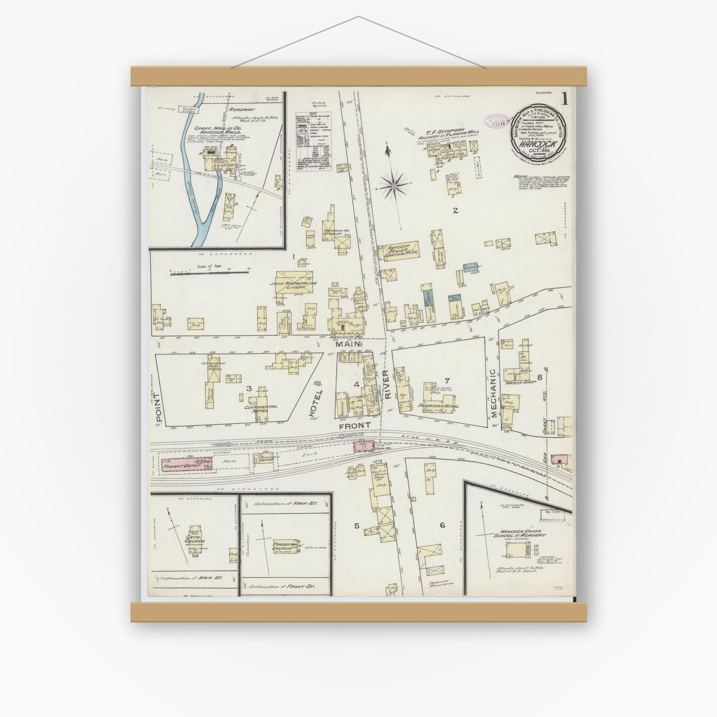 Old map wall art mockup — magnetic wood frame on white wall — Sanborn Fire Insurance Map from Hancock, Delaware County, New York (1886) - Complete Map Set