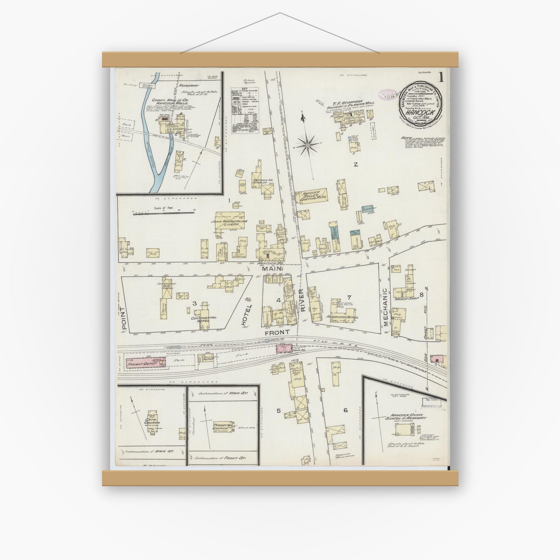 Old map wall art mockup — magnetic wood frame on white wall — Sanborn Fire Insurance Map from Hancock, Delaware County, New York (1886) - Complete Map Set