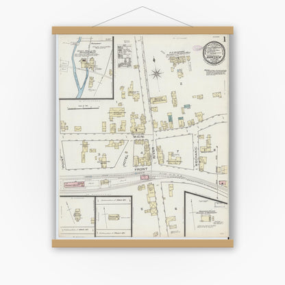 Old map wall art mockup — magnetic wood frame on white wall — Sanborn Fire Insurance Map from Hancock, Delaware County, New York (1886) - Complete Map Set