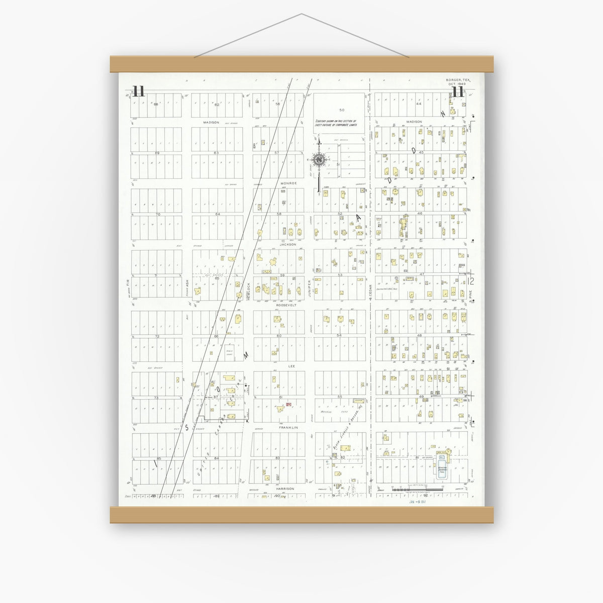 Old map wall art mockup — magnetic wood frame on white wall — Sanborn Fire Insurance Map from Borger, Hutchinson County, Texas (1940), Sheet #0011
