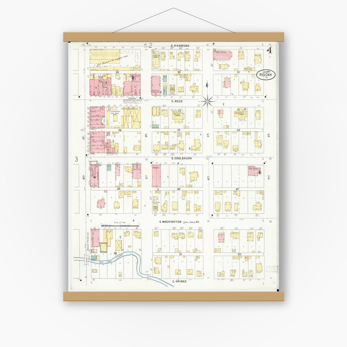 Old map wall art mockup — magnetic wood frame on white wall — Sanborn Fire Insurance Map from Red Oak, Montgomery County, Iowa (1899), Sheet #0004