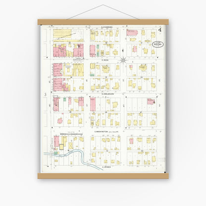 Old map wall art mockup — magnetic wood frame on white wall — Sanborn Fire Insurance Map from Red Oak, Montgomery County, Iowa (1899), Sheet #0004