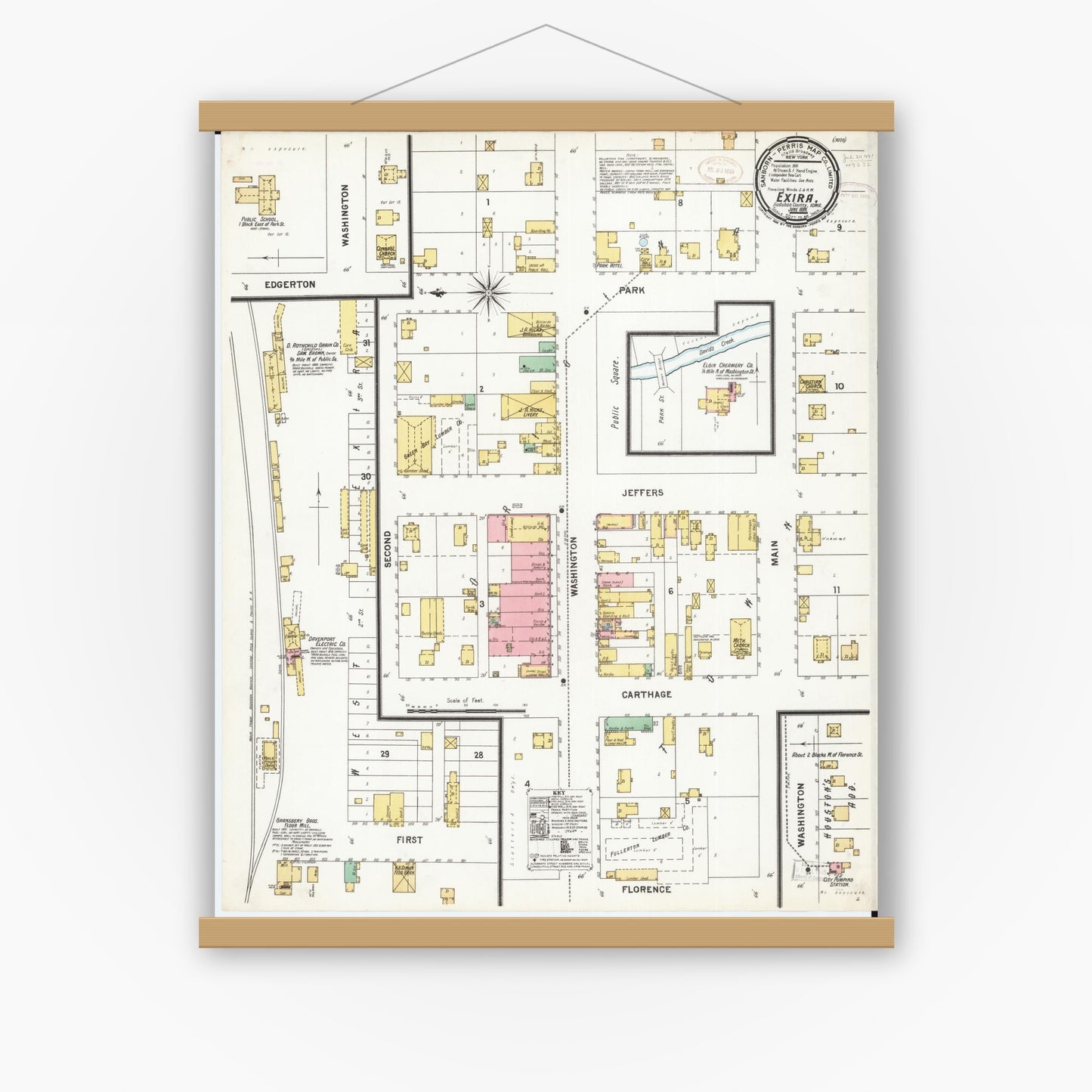 Old map wall art mockup — magnetic wood frame on white wall — Sanborn Fire Insurance Map from Exira, Audubon County, Iowa (1899), Sheet #0001