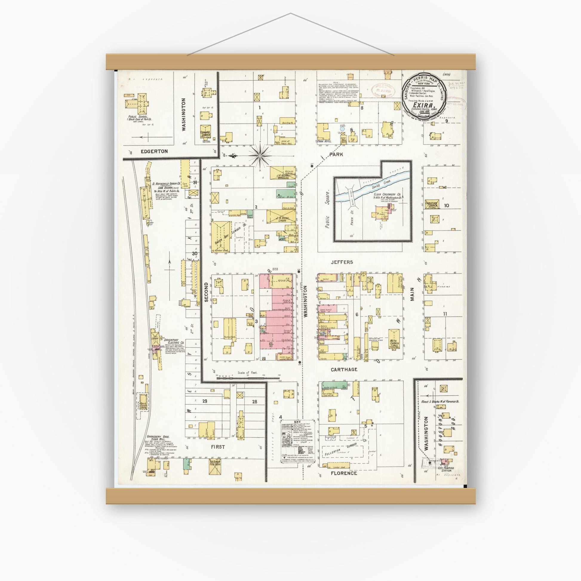 Old map wall art mockup — magnetic wood frame on white wall — Sanborn Fire Insurance Map from Exira, Audubon County, Iowa (1899), Sheet #0001