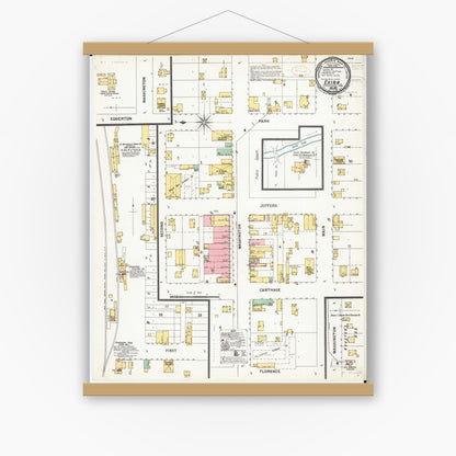 Old map wall art mockup — magnetic wood frame on white wall — Sanborn Fire Insurance Map from Exira, Audubon County, Iowa (1899), Sheet #0001