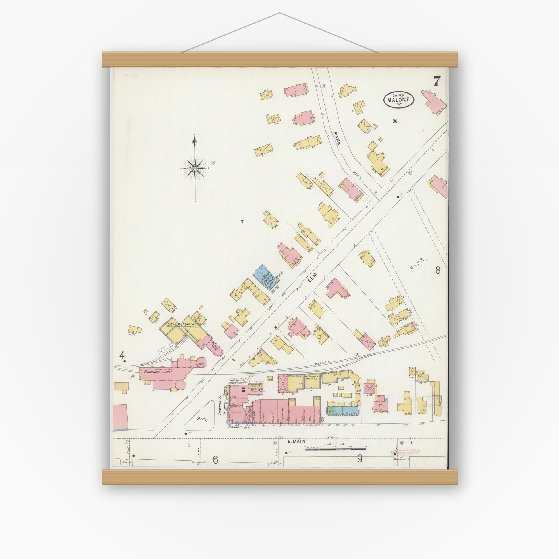 Old map wall art mockup — magnetic wood frame on white wall — Sanborn Fire Insurance Map from Malone, Franklin County, New York (1898), Sheet #0007