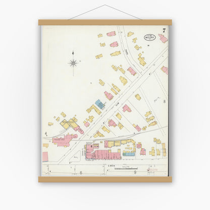Old map wall art mockup — magnetic wood frame on white wall — Sanborn Fire Insurance Map from Malone, Franklin County, New York (1898), Sheet #0007