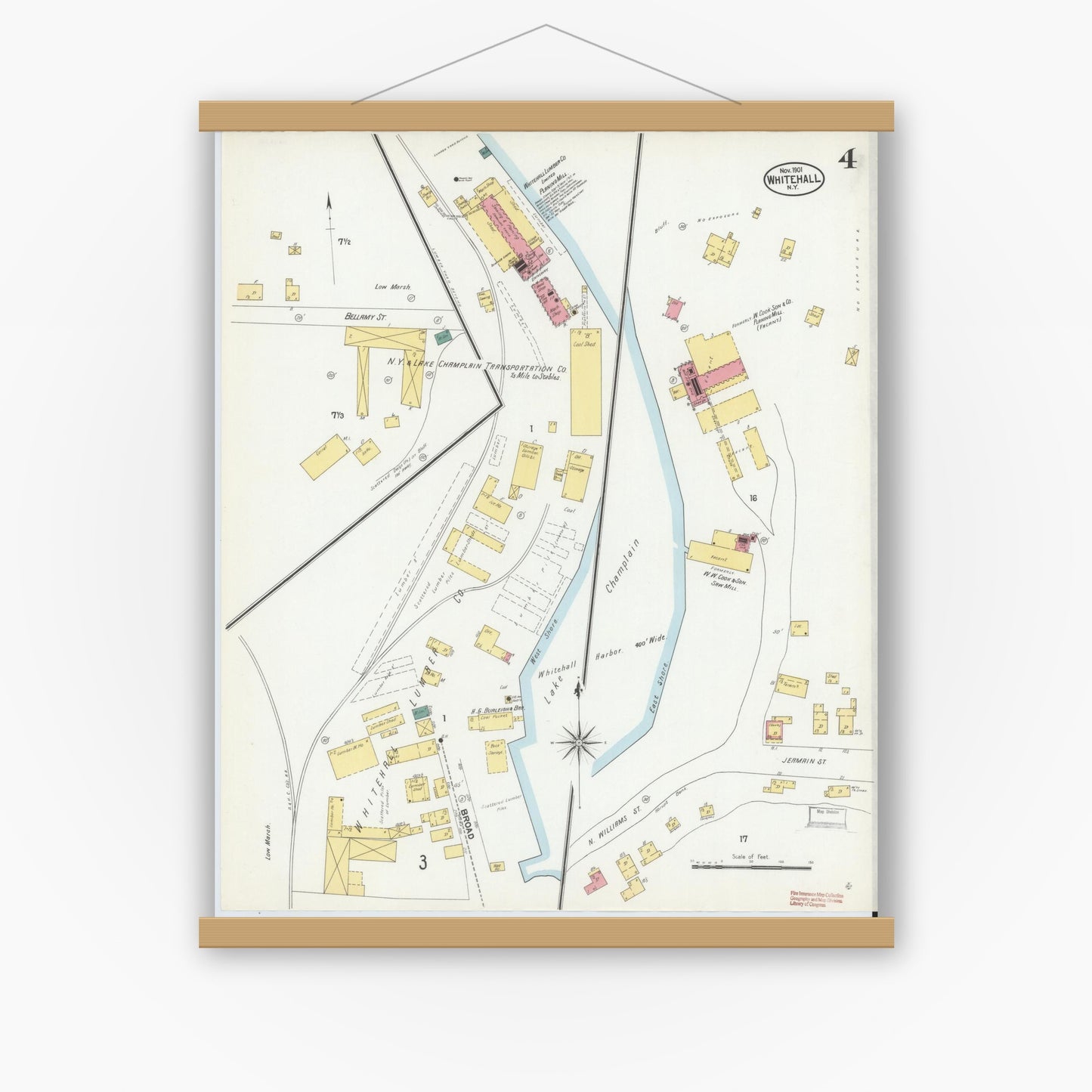 Old map wall art mockup — magnetic wood frame on white wall — Sanborn Fire Insurance Map from Whitehall, Washington County, New York (1901), Sheet #0004