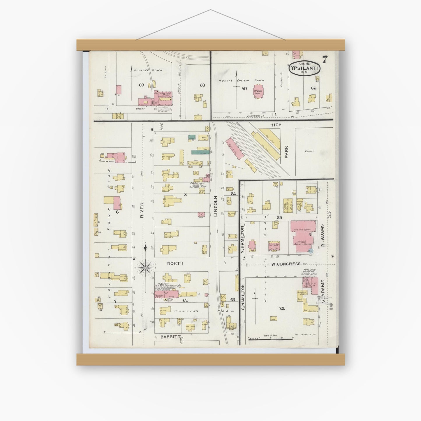 Old map wall art mockup — magnetic wood frame on white wall — Sanborn Fire Insurance Map from Ypsilanti, Washtenaw County, Michigan (1893), Sheet #0007