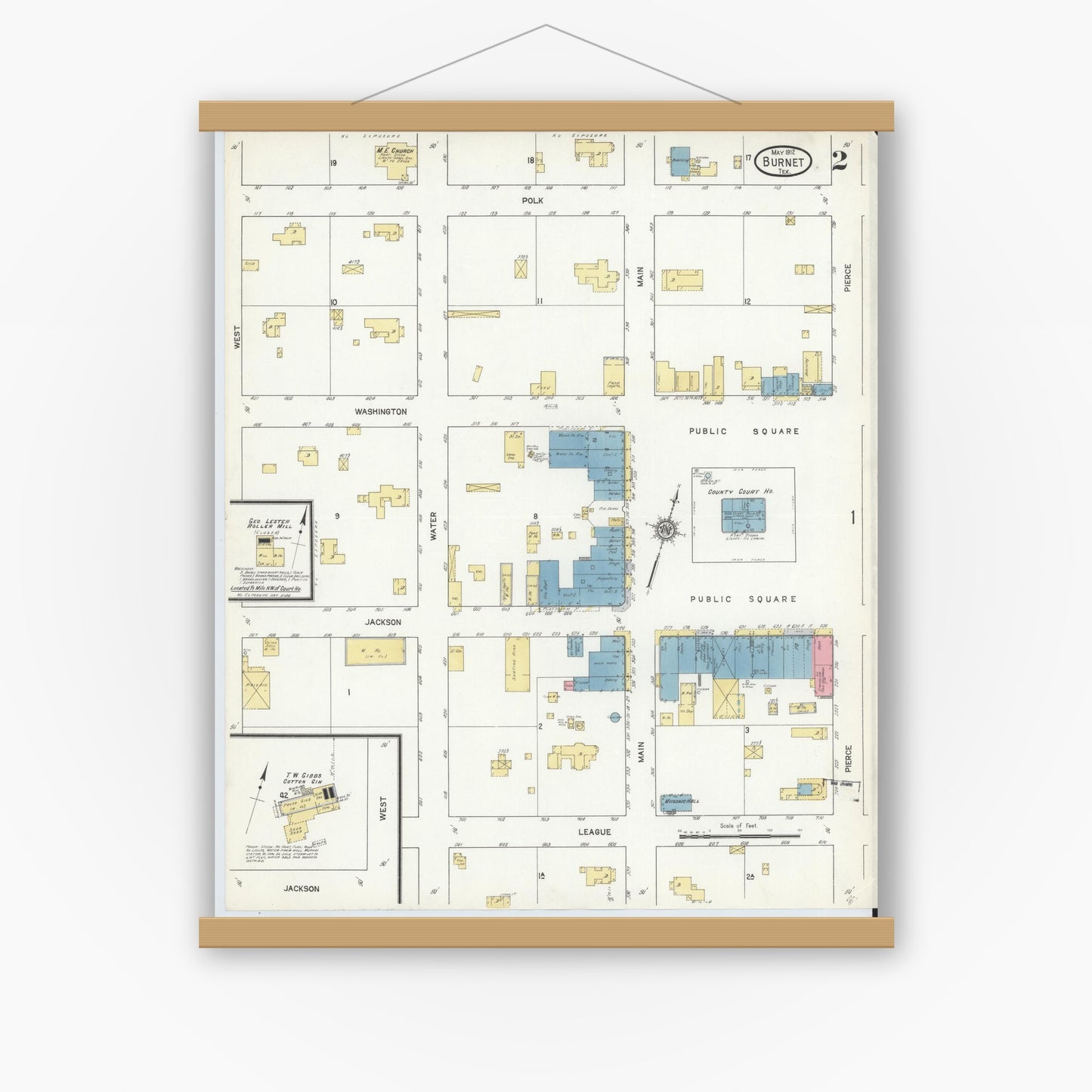 Old map wall art mockup — magnetic wood frame on white wall — Sanborn Fire Insurance Map from Burnet, Burnet County, Texas (1912), Sheet #0002