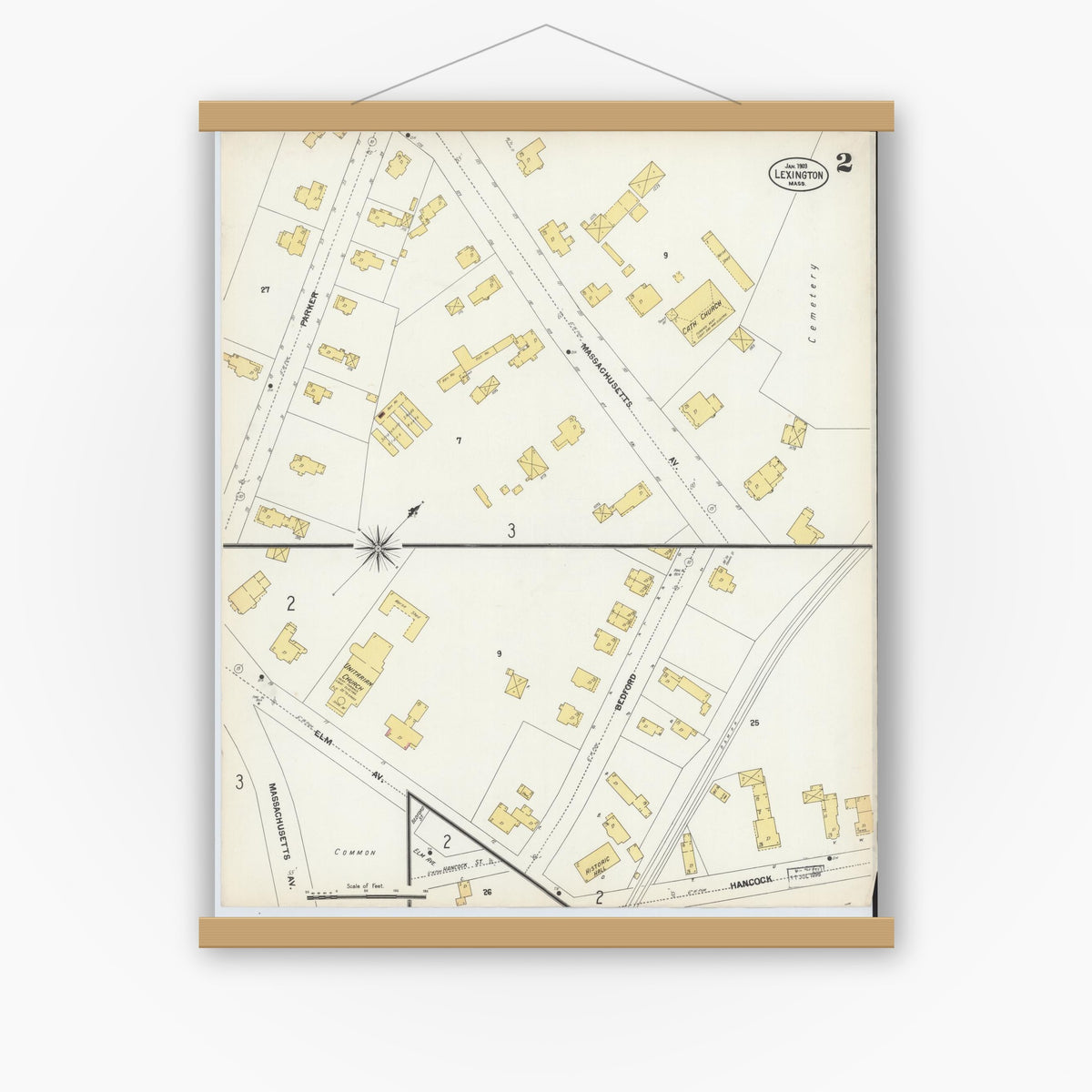 Old map wall art mockup — magnetic wood frame on white wall — Sanborn Fire Insurance Map from Lexington, Middlesex County, Massachusetts (1903), Sheet #0002
