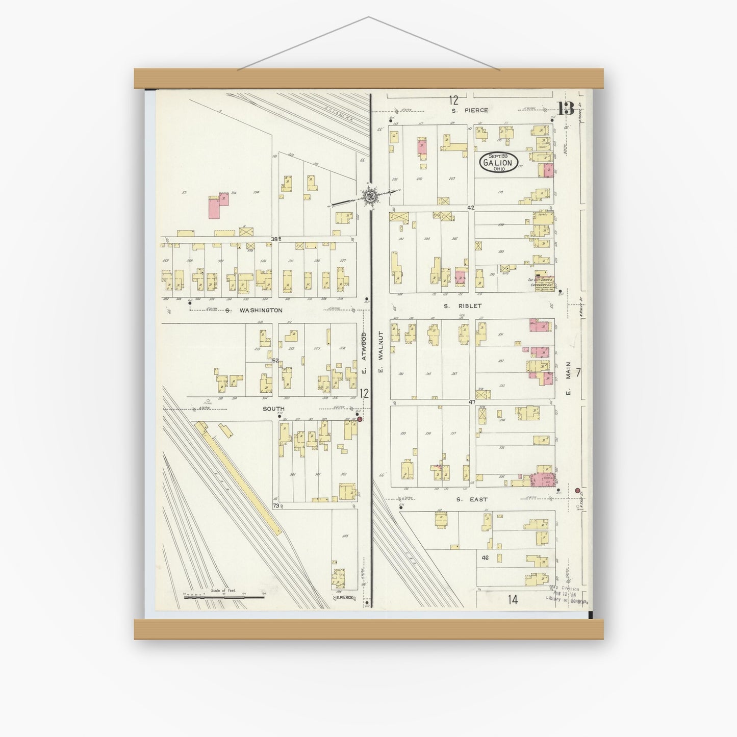 Old map wall art mockup — magnetic wood frame on white wall — Sanborn Fire Insurance Map from Galion, Crawford County, Ohio (1913), Sheet #0013