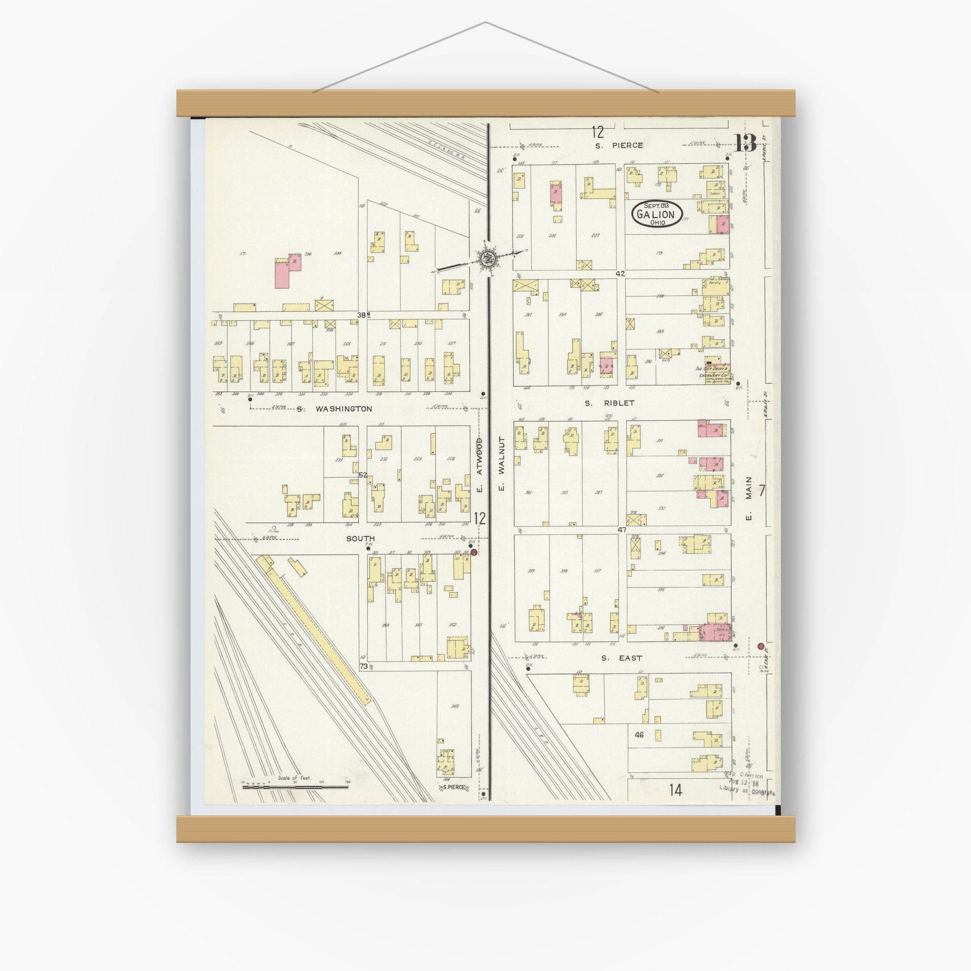 Old map wall art mockup — magnetic wood frame on white wall — Sanborn Fire Insurance Map from Galion, Crawford County, Ohio (1913), Sheet #0013
