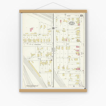 Old map wall art mockup — magnetic wood frame on white wall — Sanborn Fire Insurance Map from Galion, Crawford County, Ohio (1913), Sheet #0013
